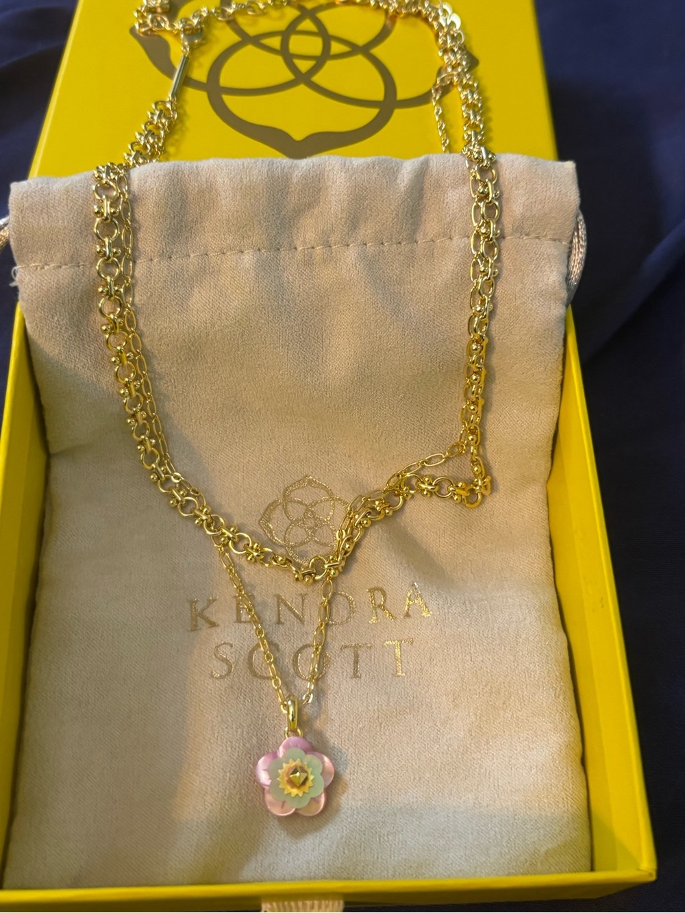 Kendra Scott Gold Layered Necklace with Pink Flower Pendant